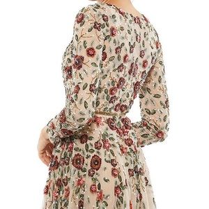 Floral Beaded Jewel Neck Long Sleeve Pleated Chiffon Gown